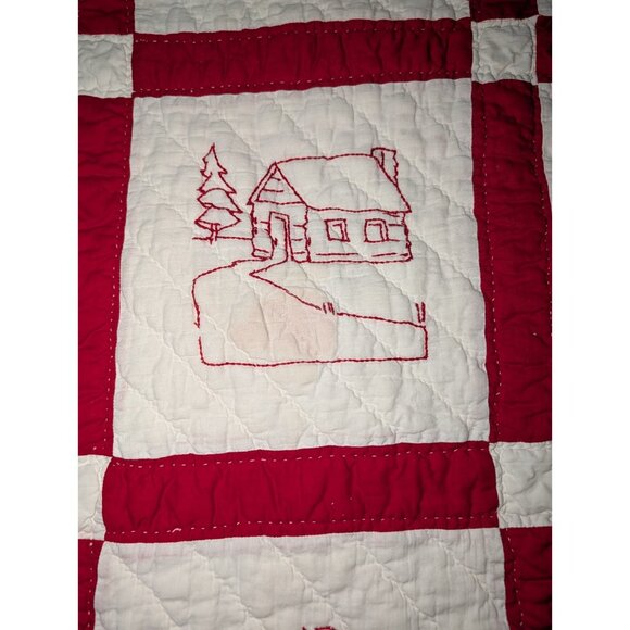 Redwork Colonial Embroidered Quilt Early 1900s Twin 83x67 Pioneer Hand quilted - Picture 10 of 16